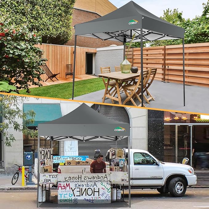 COBIZI 6.6x6.6 Pop Up Canopy Without Sidewall,Heavy Duty Canopy UPF 50+ All Season Wind Waterproof Commercial Outdoor Party Tents for Parties Canopy Gazebo with Storage Bag(6.6 x 6.6 ft Gray)