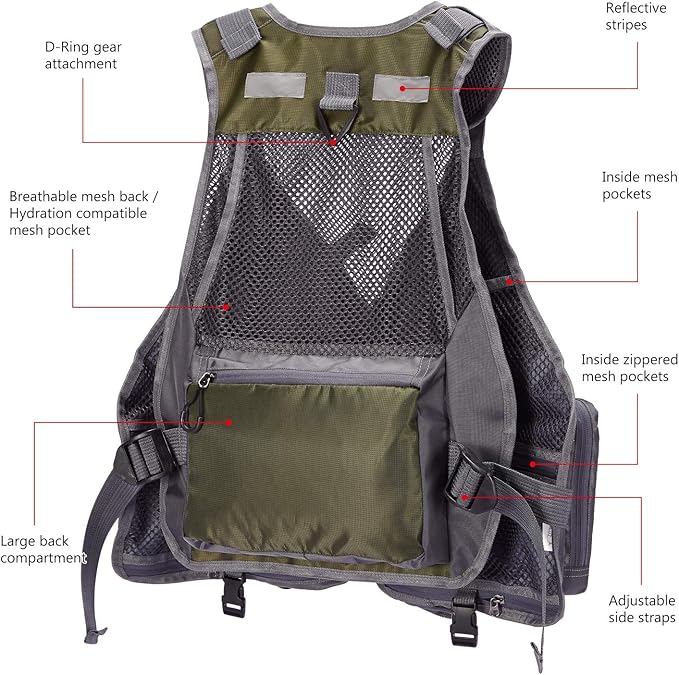 BASSDASH Strap Fishing Vest Adjustable for Men and Women, for Fly Bass Fishing and Outdoor Activities