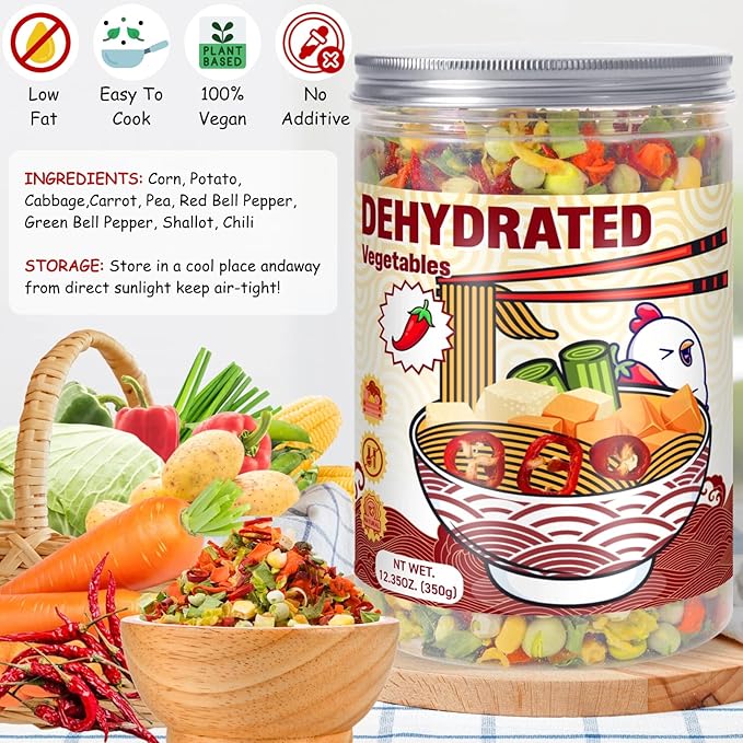 Dried Ramen Toppings Dehydrated Vegetables – 9 Mixed Vegetable Green & Red Bell Peppers, 12.35oz Natural Dried Veggie Flakes for Ramen Noodles, Camping Food Emergency Supply, Soups, Vegan