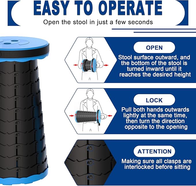 ALEVMOOM Upgraded Nylon Collapsible Stool with 500lbs Max Weight Portable Retractable Folding Telescoping Stools for Adults Chair for Outdoor Camping Fishing Hiking BBQ(Nylon Blue)