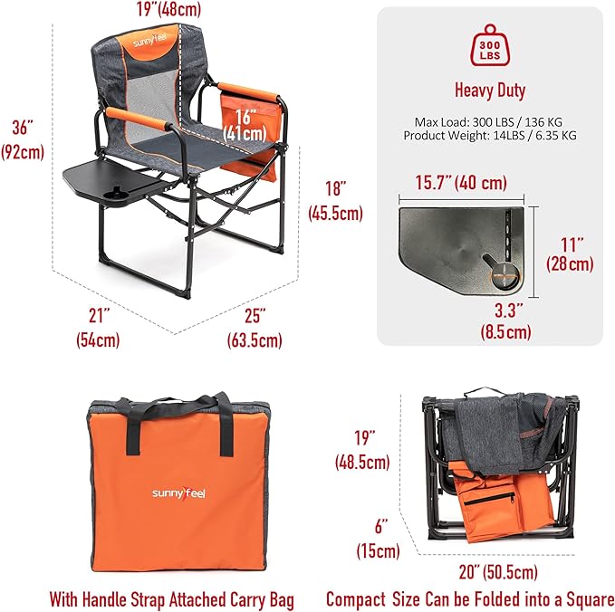 SUNNYFEEL Camping Directors Chair, Heavy Duty,Oversized Portable Folding Chair with Side Table, Pocket for Beach, Fishing,Trip,Picnic,Lawn,Concert Outdoor Foldable Camp Chairs