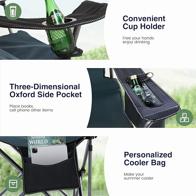 HIGH POINT SPORTS Camping Folding Chair, Heavy Duty Oversized Portable Outdoor Chair, Foldable Camp Chair with Cup Holder and Cooler Bag Support 450 LBS, Green…