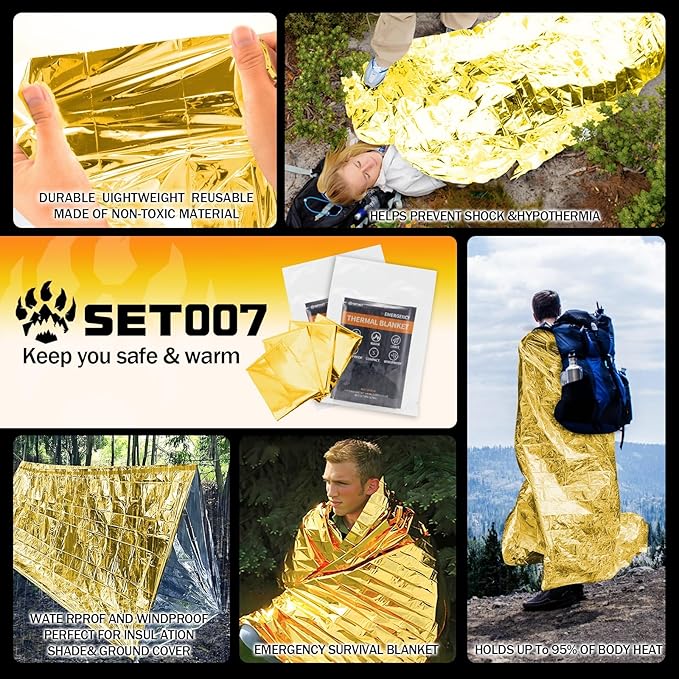 12-Pack Emergency Mylar Thermal Blankets, 82"x62" Space Blankets Foil Blanket, XL Camping Blanket for Outdoors, Hiking, Survival kit, Bug Out Bag，Marathons or First Aid, Golden