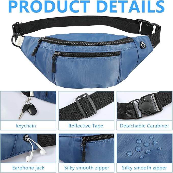 5PCS Crossbody Fanny Pack Bulk,Large Capacity Waist Bag with 4-Zipper Pockets Adjustable Strap Fanny Packs Waterproof Oxford Cloth Travel Belt Bag for Outdoor Shopping Travel Men Women,Blue