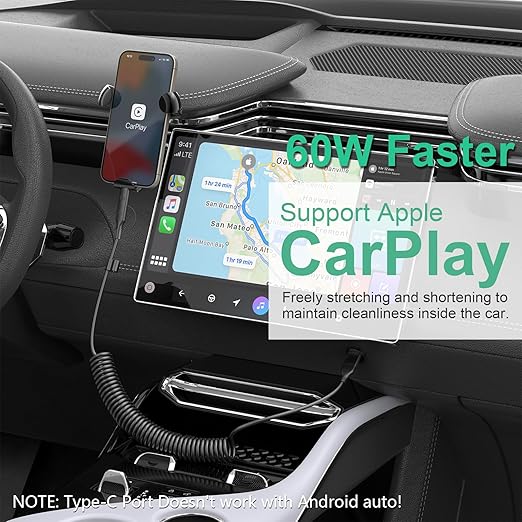 Coiled Carplay 4-in-1 USBA/Type C to USB-C/Lightning Cable Multi Combo for Apple Carplay& Android Auto,60W Fast Charge&Data Sync Car Charger Cord for iPhone 15/14/13/12,Samsung,Android-Black