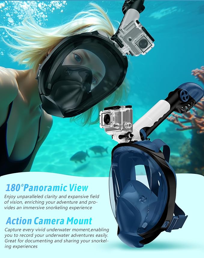 Zenoplige Full Face Snorkel Mask Adults,Dry-Top Snorkeling Gear with Camera Mount,Foldable 180-Degree Panoramic Scuba Mask for Snorkeling Diving Swimming Travel,Snorkel Mask Anti-Fog & Anti-Leak
