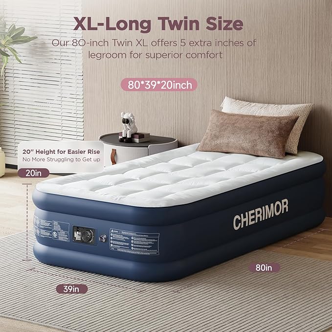 Twin XL Air Mattress with Built-in Pump & Luxury Quilted Topper, 80" Length, 20" Height, 2.5 Min Fast Inflation, 500lbs Support, Blow up Mattress with Carry Bag for Guest, Camping & Home