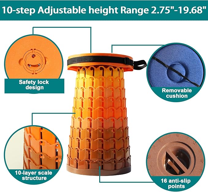 ALEVMOOM Upgraded XXL 50 Portable Collapsible Stool with Cushion,Telescoping Folding Stool for Adults,Yet More Sturdy Camping Stool with Load Capacity 1000lbs,for Outdoor Garden Hiking BBQ