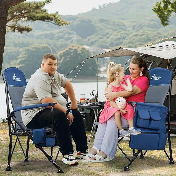 MENOLY Oversized Folding Camping Chair, 500lbs Support Max with Cooler Bag, Multiple Side Pockets & Cup Holder, Heavy Duty Camping Chairs for Adults for Camping, Beach, Fishing