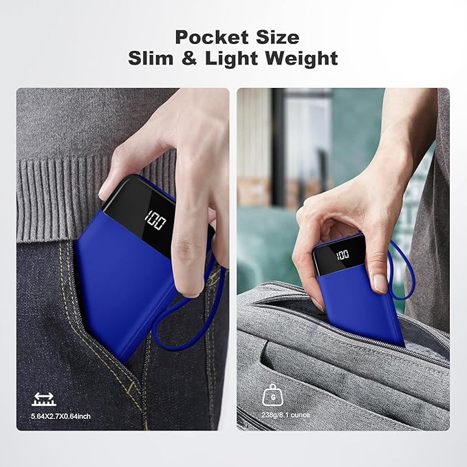 Power Bank 10000mAh Portable Charger with 4 Built-in Cables, Type-C in & Out Phone Charger, External Battery Charger Pack & Travel Essential for iPhone 16/15/14, Samsung, iPad, Android