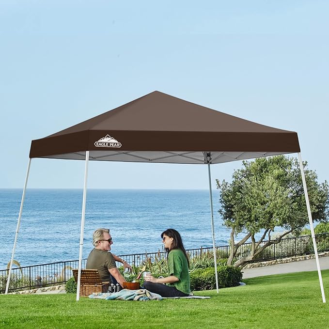 EAGLE PEAK 10x10 Slant Leg Pop-up Canopy Tent Easy One Person Setup Instant Outdoor Beach Canopy Folding Portable Sports Shelter 10x10 Base 8x8 Top (Brown)