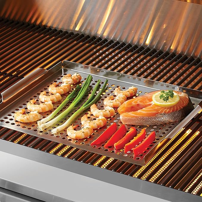 Stainless Steel BBQ Grill Topper Pan Tray for Vegetables, Meats, Skewers & Seafoods for Outdoor Cooking, Grilling, Camping & Tailgating for Gas Grills, Charcoal Grills & Barbecue by Mr. Bar-B-Q 06032Y