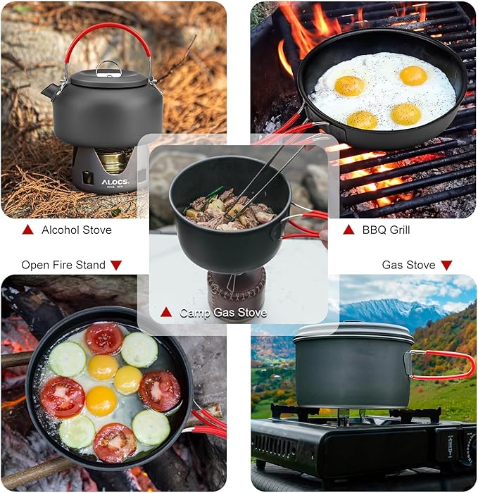 Alocs Camping Cookware Set Camping Gear, Compact Camping Pots and Pans Set, Durable Hard Alumina Camping Cooking Set for Outdoor Backpacking Camping Hiking Picnic, Included Mesh Carry Bag.