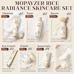 7PCS Rice Skincare Set Gift Box, Korean Hydrating Skin Care for Girls Teens Women, Cleanser Toner Serum Cream Eye Cream Sunscreen with Towel Bear Ornament, Daily Skincare Routine Gift Kit