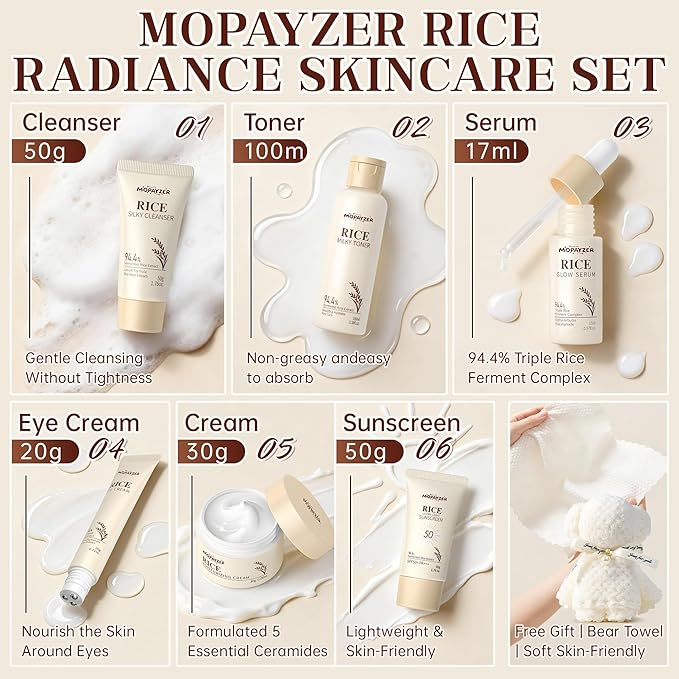 7PCS Rice Skincare Set Gift Box, Korean Hydrating Skin Care for Girls Teens Women, Cleanser Toner Serum Cream Eye Cream Sunscreen with Towel Bear Ornament, Daily Skincare Routine Gift Kit