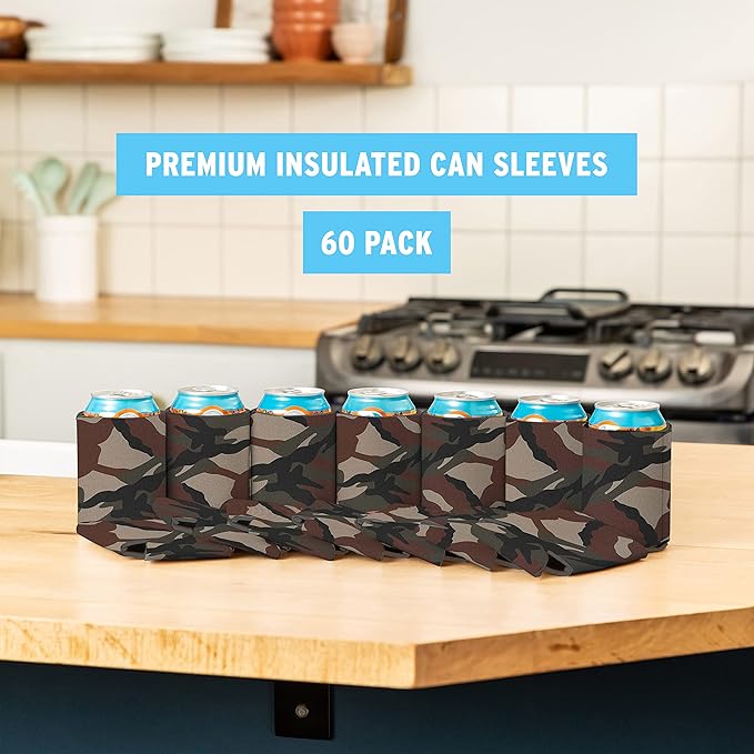 Blank Beer Can Cooler Sleeves (60-Pack) Soft Insulated Beer Can Coolies - HTV Friendly Blank Koolies in Bulk for Beer Cans & Bottles - Coolie Blanks for Vinyl Projects & Wedding Favors (Classic Camo)