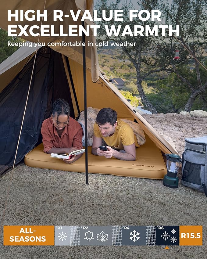 KingCamp Self Inflating Sleeping Pad, 6" Ultra Thick R 15.5 Air & Foam Camping Mattress 2 Person, Full Size Double Sleeping Pad for Camp Tent Outdoor Car, PVC Free (Khaki)
