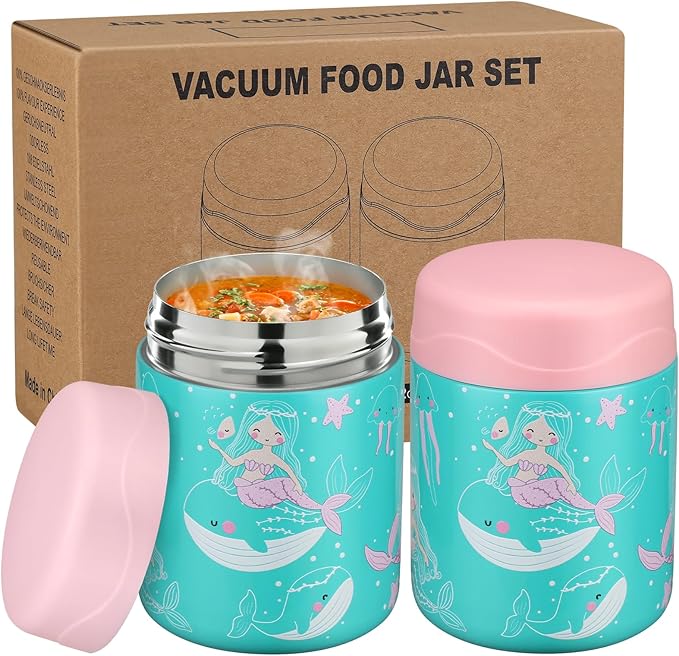 12oz 2 Pack Insulated Food Jar Set for Kids Soup Thermo Hot Food Lunch Container Wide Mouth Leak Proof Stainless Steel Vacuum Bento Box for School Office Travel Outdoors