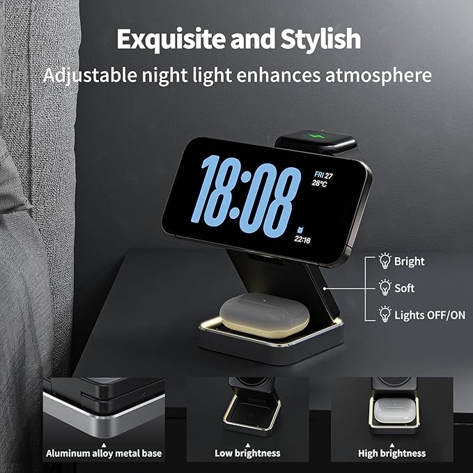 【2025 Upgraded】 Magnetic Wireless Charger 3 in 1, Foldable Charging Station with Night Light for Apple MagSafe Charger, Travel Charger Stand, Nightstand Fast 15W Charging Station (with Adapter)