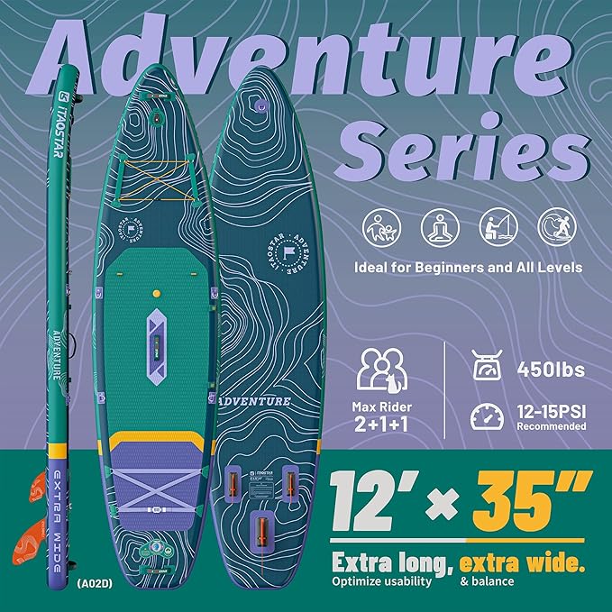 Adventure 12’×35"/39" Extra Wide Paddle Board, One-Stop Premium SUP Board Accessories, Tailored 5 Fins, Stable Inflatable Stand Up Paddle Boards for Youth/Adults of All Skill Levels