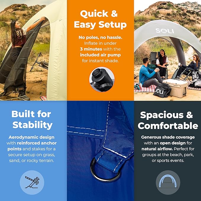 SOLI: Air Canopy 12' - Sage Green - Outdoor & Beach Self-Inflating Sun Tent, Shade Wall, UPF 50+, Pump-Stakes-Ropes, Lightweight & Portable, Backpack