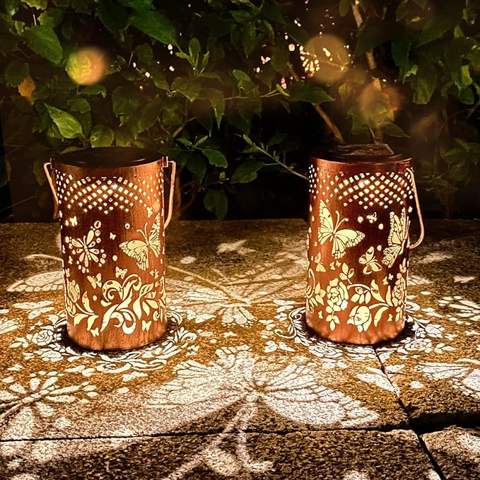 2 Pack Butterfly Birthday Gifts for Women Mom Grandma Solar Lanterns Outdoor Waterproof Garden Decor Metal Hanging LED Decorative Light for Patio Yard Lawn Backyard Front Porch Gardening Gifts