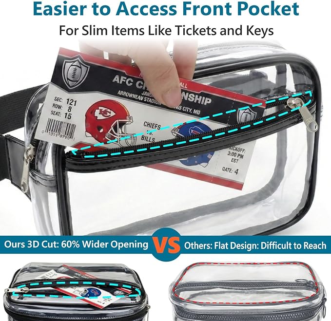 Veckle Clear Fanny Pack Stadium Approved - Plus Size 35-51 Inch Adjustable Strap Transparent Belt Bag for Women Men Fits 7.5" Smartphone, Clear Bag for Stadium Events Sports Concerts, 2-Pack Black