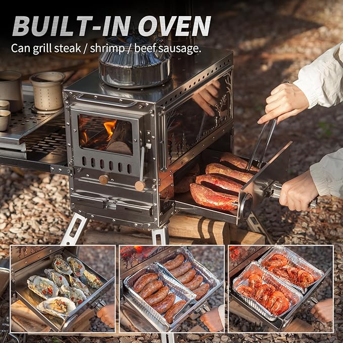 Stainless Steel Portable Wood Burning Stove with Oven & Camping Table, 6 Chimney Pipe for Outdoor Camping, Cooking, Tents, BBQ, Hiking, Fishing, Backpacking