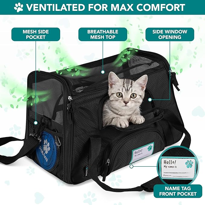 PetAmi Airline Approved Pet Carrier for Cats & Small Dogs, Soft Sided TSA Travel Carrier Bag with Sherpa Bed, Breathable Mesh Ventilation, Collapsible Bowl, Fits Under Seat, Up to 18 lbs, Small Black