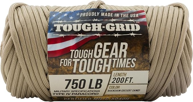 TOUGH-GRID Paracord Rope 750 lbs Nylon Parachute Cord, Made in USA Survival Kit, Outdoor Adventures, Camping, Tactical Gear & Emergency Supplies, Military Type IV Mil-Spec