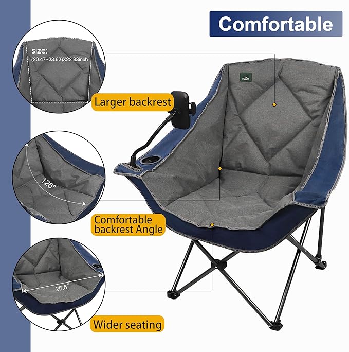 Northroad Oversized Foldable Camping Chair with Cell Phone Holder,Outdoor Padded Lawn Chair w/Cup Holder,Carry Bag for Beach, Hiking, and Picnics,Heavy-Duty 300-lbs Capacity, Blue