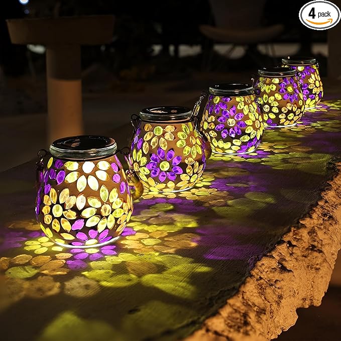 Cooo 4 Pack Mosaic Solar Lantern Outdoor Waterproof IP68 Hanging Projection Light Hidden Lid Pear-Shaped Lantern with Rope Handle Solar Powered Auto On for Patio Garden Fence Table -Petal Mirage