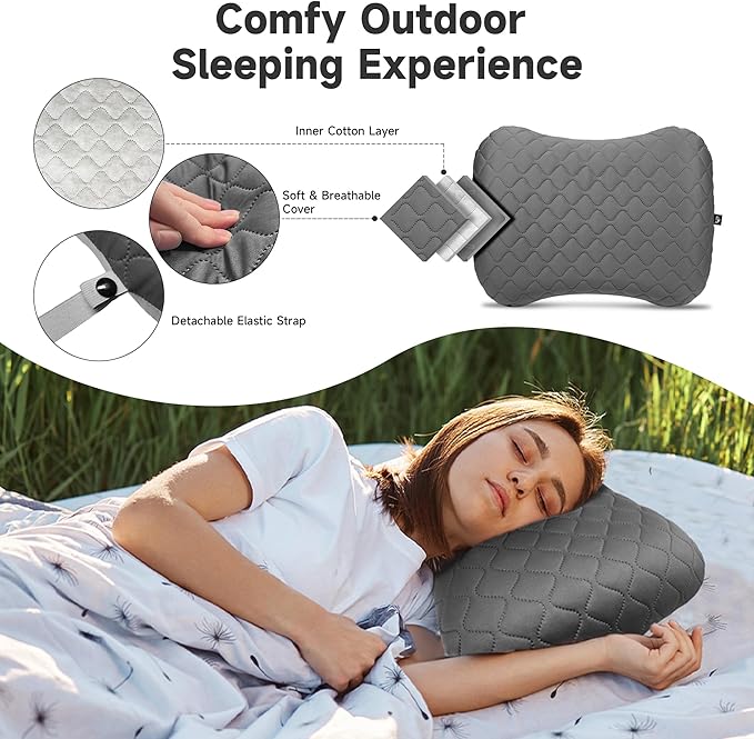 OUTSKIRT Inflatable Camping Pillow, 2-in-1 Travel Pillows for Sleeping, Ergonomic & Lightweight Small Backpacking Pillow for Travel, Hiking, Camping & Outdoor Activities, Grey