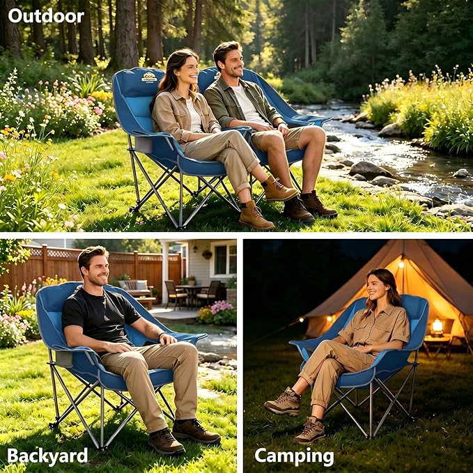 Colegence Oversized XL Padded Camping Chair Wide Heavy Duty Lawn Chairs Support 450 LBS Portable Folding Gaint Plus Camp Chair with Side Pocket Cup Holder for Outdoor Outside Sports Baseball-Blue