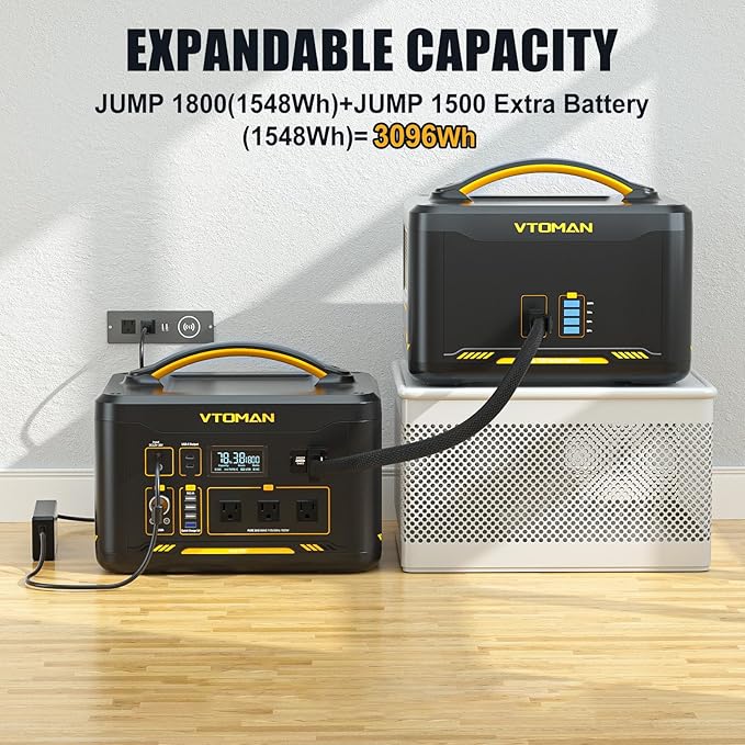 Vtoman 3096Wh Solar Generator with 200W Solar Panel & Extra Battery Included, 1800W (Peak 3600W) LiFePO4 Battery Power Station for Power Outages, RV, Camping, Emergencies