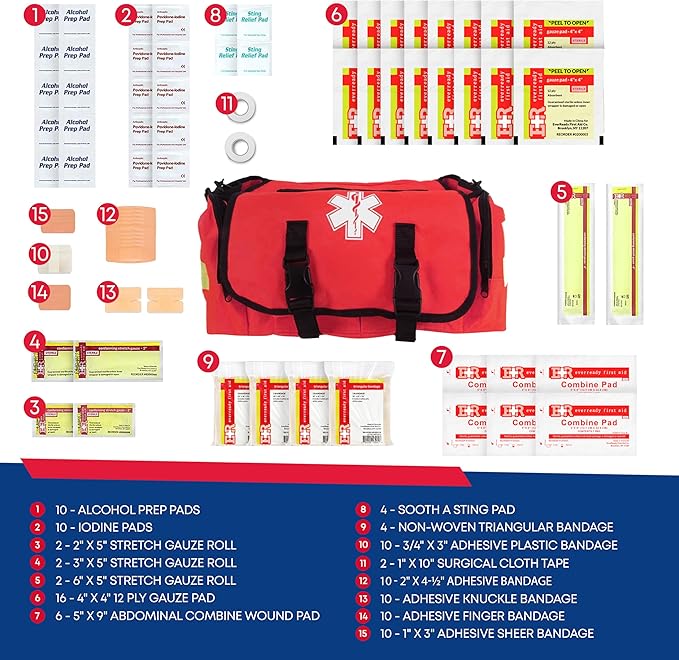 First Responder Trauma First Aid Kit Bag – Fully Stocked Emergency Medical Kit for Workplace, Vehicle & Home – OSHA & ANSI Compliant – Portable – Red