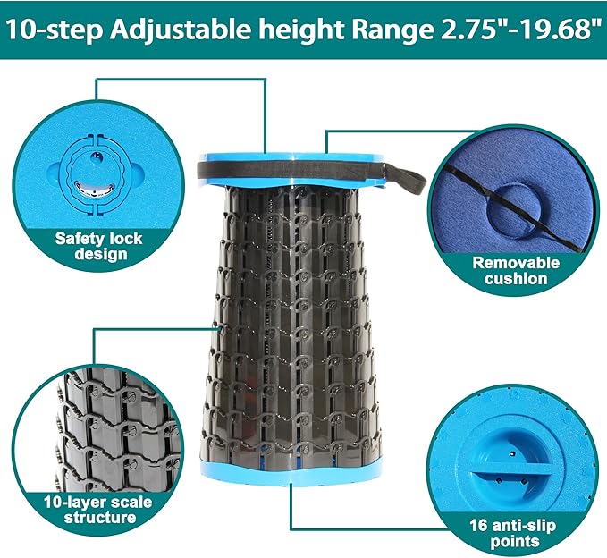 ALEVMOOM Upgraded XXL 50 Portable Collapsible Stool with Cushion,Telescoping Folding Stool for Adults,Yet More Sturdy Camping Stool with Load Capacity 1000lbs,for Outdoor Garden Hiking BBQ Blue