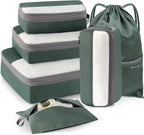 6 Set Compression Packing Cubes for Travel, Bonus Versatile Drawstring Backpack, Lightweight Luggage Organizer Bags, Sturdy Travel Accessories for Suitcase, Dark Green