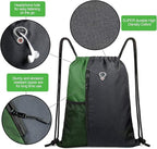 BeeGreen Green Drawstring Bag Sports Gym Backpack for Women Men Large Cinch Sackpack Day Pack with Zipper and Water Bottle Mesh Pockets (Black/Green)