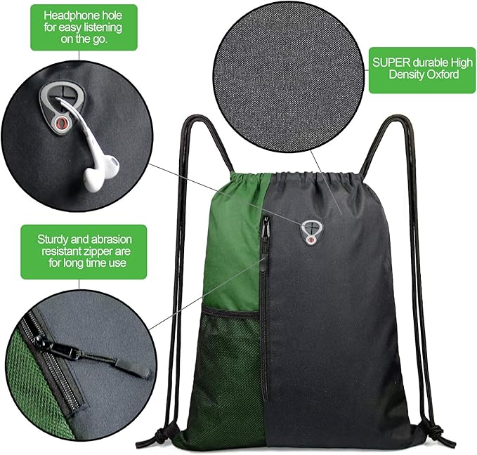 BeeGreen Green Drawstring Bag Sports Gym Backpack for Women Men Large Cinch Sackpack Day Pack with Zipper and Water Bottle Mesh Pockets (Black/Green)