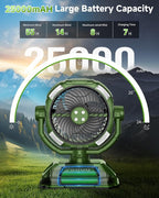 Misting fan with 7L bucket 90°Oscillating ,4 Spray Mister 25000mAh Rechargeable Camping fan with Remote Control Stepless Speed and Timer for Patios/Camping，Waterproof Design Outdoor Fans (Green)