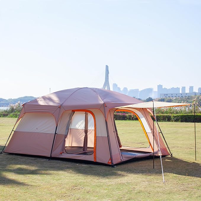 KTT Large Family Cabin Tent 10-12 Person,14.1X10X6.58ft,2 Rooms,3 Storage Pockets,2 Bay-Windows 3 Doors and 3 Windows with Mesh,Straight Wall,Waterproof,Double Layer,Big Tent for Outdoor,Camping