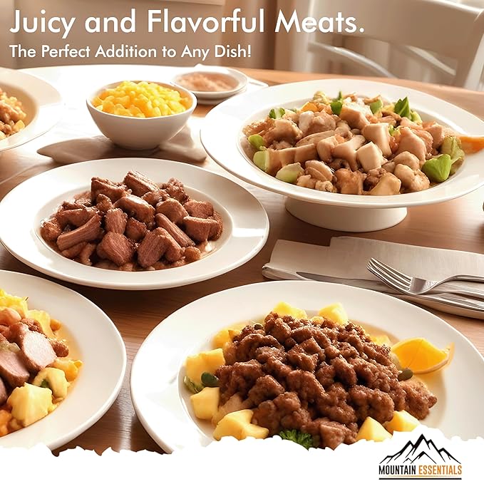 MOUNTAIN ESSENTIALS 120 Servings Freeze Dried Premium Variety Fully Cooked Meat Kit | High Protein Intake Contains 2988 Protein Ready to Eat Emergency Survival Easy Prep Food For Camping & Backpacking