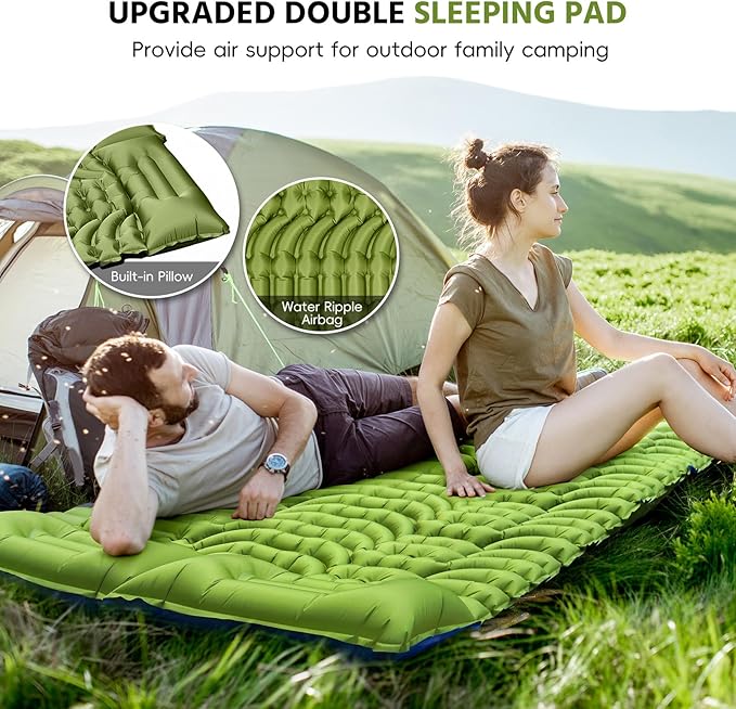Double Sleeping Pad for Camping, Self Inflating 4" Extra Thick Camping Sleeping Pad for 2 Person with Pillow, Built-in Foot Pump, Portable Sleeping Mat for Backpacking, Hiking, Travel Tent