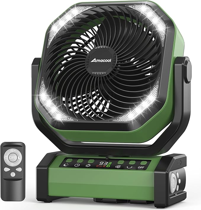 Camping Fan with Light, 20000mAh Rechargeable Battery Operated Fan, 112H Max Cooling Time, 8 Speeds, Digital Display, Remote Control, 270°Pivot with Hook for Tent Car RV Power Outage Hurricane