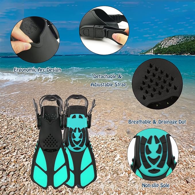 Kids Mask Fins Snorkel Set Snorkeling Packages, with Diving Mask, Snorkel, Adjustable Swim Fins, Mesh Bag, Anti-Fog Anti-Leak Snorkeling Gear for Kids for Snorkeling Swimming Diving