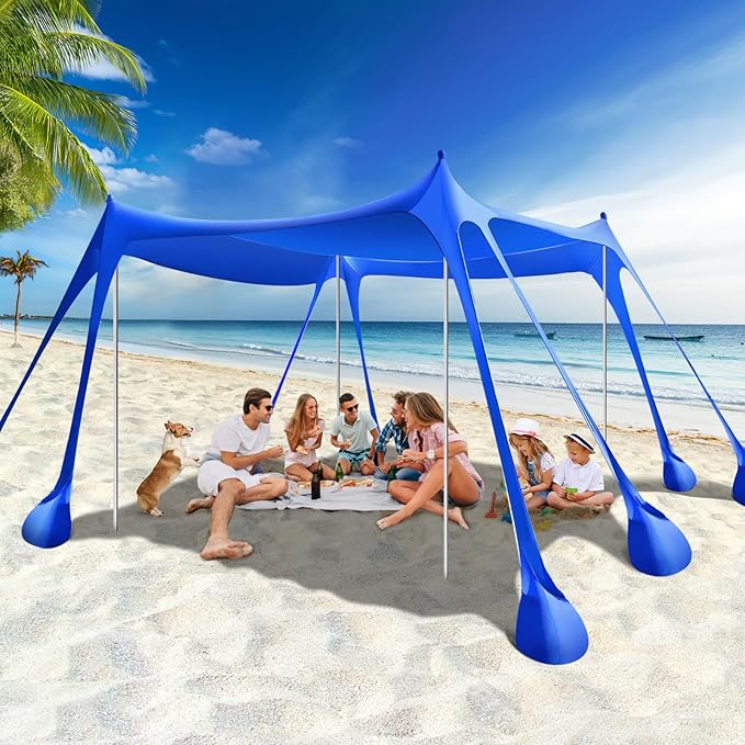 Rhino Valley Beach Tent Shade Canopy UPF50+ Protection, 8 Sandbags, 4 Stability Poles, Outdoor Sun Shelter Umbrella for Sand, Camping, Fishing Essentials