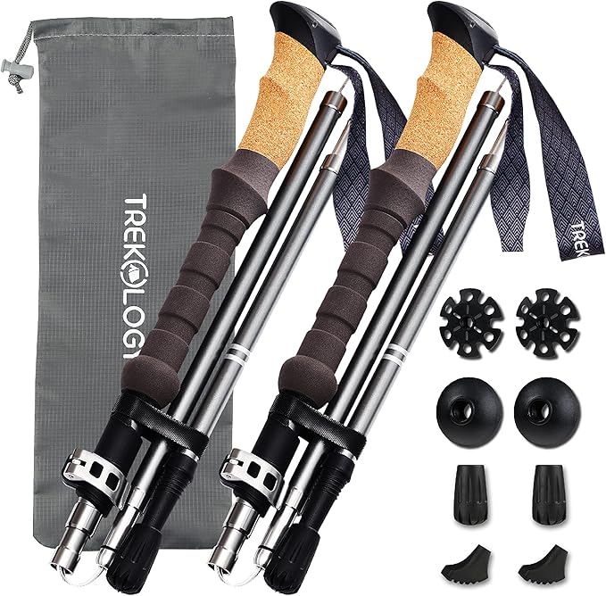 TREKOLOGY Trek-Z Cork Grip Trekking Poles – Lightweight Folding Hiking Poles, Adjustable Height, Compact Travel Design, Aircraft-Grade Aluminum Walking Sticks for Men & Women