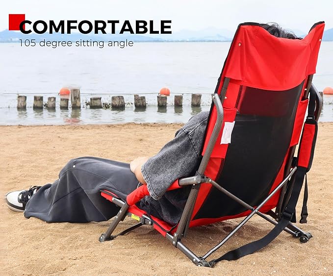 SPORT BEATS Low Beach Chairs Set of 2 Folding Beach Chairs High Back Support with Head Pillows Shoulder Straps