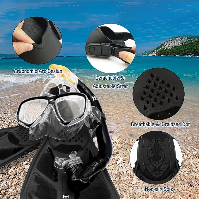 Kids Mask Fins Snorkel Set Snorkeling Packages, with Diving Mask, Snorkel, Adjustable Swim Fins, Mesh Bag, Anti-Fog Anti-Leak Snorkeling Gear for Kids for Snorkeling Swimming Diving